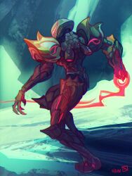  1girl arm_cannon armor artist_name assault_visor full_body green_armor highres metroid metroid_dread metroid_suit nda official_alternate_costume power_armor power_suit_(metroid) red_assault_visor samus_aran science_fiction shoulder_armor signature solo spiked_armor spikes weapon 