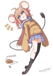  1girl ahoge animal_ears arched_back asymmetrical_legwear bandaid bandaid_on_knee bandaid_on_leg black_socks black_thighhighs blue_eyes blue_sailor_collar blue_skirt brown_hair cable cable_tail cardigan commentary computer_mouse copyright_notice eenightlamp english_commentary from_side full_body hair_between_eyes hair_ornament hair_ribbon heart heart_hair_ornament highres long_hair long_sleeves mechanical_tail miniskirt mouse_ears mouse_girl neuro-sama neuro-sama_(1st_costume) no_shoes open_mouth pleated_skirt red_ribbon ribbon sailor_collar simple_background single_sock single_thighhigh skirt sleeves_past_fingers sleeves_past_wrists socks solo tail thick_eyebrows thigh-highs twitter_username two_side_up uneven_legwear vedal_ai virtual_youtuber white_background yellow_cardigan 