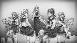  5girls aqua_eyes blue_eyes bow braid collarbone crt double_bun echo_(vocaloid) eleanor_forte english_commentary from_behind green_eyes hair_bun hand_on_own_chest hand_on_own_knee hand_up highres ia_(vocaloid) long_hair long_skirt looking_at_viewer maika_(vocaloid) multiple_girls pleated_skirt ponytail red_eyes sailor_collar school_uniform serafuku shoes sitting skirt sonika spot_color standing sunkreativ sweet_ann synthesizer_v television thigh-highs twin_braids twintails very_long_hair vignetting vocaloid 