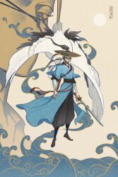 1boy all_wishes_come_true! arm_wrap bird black_boots black_pants black_sash blue_hanfu boots chinese_clothes chinese_commentary closed_mouth clouds coin commentary_request crane_(animal) floating_hair full_body hanfu hat high_ponytail highres holding holding_sword holding_weapon holed_coin layered_sleeves long_hair long_sleeves looking_at_viewer lv_dongbin_(all_wishes_come_true!) male_focus pants paxilionx ponytail sash short_over_long_sleeves short_sleeves shoulder_strap sidelocks solo standing straw_hat sword tassel water waves weapon yaopei 