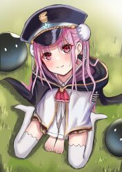  1girl :3 absurdres ascot black_cape black_hat blush brainporain brown_skirt cape closed_mouth commentary day diamond-shaped_pupils diamond_(shape) double_bun eyelashes eyes_visible_through_hair full_body grass hair_bun hat heaven_burns_red highres kunimi_tama long_hair long_sleeves looking_at_viewer military_hat miniskirt narby_(heaven_burns_red) no_shoes on_ground outdoors parted_bangs peaked_cap pink_eyes pink_hair pleated_skirt red_ascot shirt sidelocks sitting skirt slime_(creature) smile symbol-shaped_pupils thigh-highs upturned_eyes v_arms wariza wavy_mouth white_shirt white_thighhighs zettai_ryouiki 