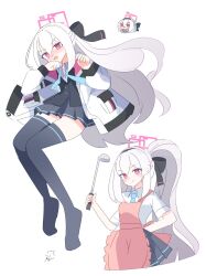  1girl alternate_hairstyle apron arm_behind_back black_bow black_hairband black_jacket black_skirt black_thighhighs blazer blue_archive blue_necktie blush bow chibi chibi_inset collared_shirt commentary double-parted_bangs embarrassed frilled_apron frills hair_between_eyes hair_bow hairband halo high_ponytail highres holding holding_ladle jacket kei_(blue_archive) kei_(student)_(blue_archive) ladle long_hair long_hair_between_eyes long_sleeves looking_at_viewer miniskirt nagatsuki_kei_(nagatsuki22) necktie no_shoes nose_blush open_clothes open_jacket pink_apron pink_halo pleated_skirt ponytail rectangular_halo shirt signature simple_background skirt thigh-highs thighs undone_necktie very_long_hair white_background white_hair white_jacket white_shirt wing_collar zettai_ryouiki 