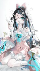  1girl absurdres aqua_bow aqua_eyes aqua_hair arm_warmers bare_shoulders black_hair bow colored_inner_hair commentary_request daigo_orika_(vtuber) dress frilled_dress frills gun hair_bow hair_ornament handgun hands_up highres holding holding_gun holding_weapon jacket long_hair multicolored_hair off-shoulder_dress off_shoulder one_eye_closed open_mouth pink_bow pink_dress sa'yuki solo special_defense_squad streaked_hair two-sided_fabric two-sided_jacket unworn_jacket weapon white_arm_warmers white_background white_jacket 