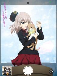  3girls animal black_jacket black_skirt blue_eyes brown_hair cat commentary_request cross fake_phone_screenshot fake_screenshot garrison_cap girls_und_panzer grey_hair grey_jacket hat hida_ema highres holding holding_animal holding_cat itsumi_erika jacket key_(gaigaigai123) kuromorimine_military_uniform kuromorimine_school_uniform long_hair military_vehicle miniskirt motor_vehicle multiple_girls one_eye_closed open_mouth pleated_skirt red_skirt school_uniform skirt sky smile sweatdrop tank 
