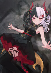  1girl ahoge black_dress black_hair black_thighhighs commentary_request demon_girl demon_horns dress hair_ornament heart heart_o-ring highres horns lacrimosa_(gilded_rhapsody)_(nte) lacrimosa_(nte) looking_at_viewer maka_neko medium_hair multicolored_hair nail_polish neverness_to_everness o-ring o-ring_thigh_strap official_alternate_costume open_mouth purple_streaks red_eyes red_nails sleeveless sleeveless_dress solo split-color_hair streaked_hair thigh-highs thigh_strap two-tone_hair two_side_up white_hair x_hair_ornament 