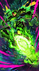  1girl absurdres arm_spikes armor assault_visor aura claws flying_kick glowing_feet highres kicking metroid metroid_ravenous metroid_suit power_armor power_suit_(metroid) red_assault_visor samus_aran shoulder_spikes solo spikes yasukuni_kazumasa 