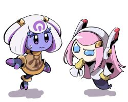  2girls blue_eyes colored_skin commentary_request gloves hair_ornament hairclip highres kirby:_planet_robobot kirby_(series) kirby_and_the_world_beyond looking_at_another multicolored_hair multiple_girls mysterious_girl_(kirby_and_the_world_beyond) pink_hair poyo_party purple_hair purple_skin rayman_limbs simple_background susie_(kirby) sweatdrop two-tone_hair white_background white_hair yellow_gloves 