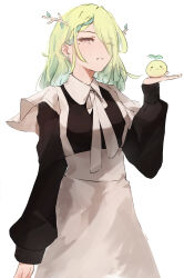  1girl :| =_= alternate_costume antlers apron artist_name black_dress blush blush_stickers braid braided_bangs breasts ceres_fauna closed_mouth collared_dress commentary creature dress earrings enmaided eyes_visible_through_hair familiar flower green_hair hair_flower hair_ornament hair_over_one_eye half-closed_eyes highres holding holding_creature hololive hololive_english horns in_palm jewelry long_hair looking_at_viewer maid maid_apron malvar medium_breasts mole mole_under_eye sapling_(ceres_fauna) smile virtual_youtuber waist_apron white_apron yellow_eyes 