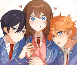  1girl 2boys akehoshi_subaru anzu_(ensemble_stars!) black_hair blazer blue_eyes blue_jacket blush brown_hair closed_mouth commentary ensemble_stars! hair_between_eyes hand_grab hand_on_another's_chest head_on_another's_shoulder heart hidaka_hokuto jacket kirabaru62 korean_commentary lapels long_hair long_sleeves looking_at_viewer multiple_boys necktie notched_lapels open_mouth orange_hair red_necktie red_ribbon ribbon school_uniform short_hair simple_background upper_body white_background yumenosaki_school_uniform 