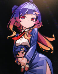 1girl :/ ahoge akebono_hio blue_hair blunt_bangs character_doll closed_mouth commentary_request doll dress expressionless gradient_hair hair_bun hair_intakes hair_ornament hairclip highres jikkyou_powerful_pro_yakyuu long_hair looking_at_viewer makaroll multicolored_hair one_side_up orange_hair purple_dress single_side_bun solo 