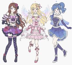  3girls aikatsu! aikatsu!_(series) angel_wings arm_up bell_sleeves belt black_belt black_gloves blonde_hair blue_boots blue_cape blue_dress blue_eyes blue_gem blue_gloves blue_hair boots bow bracelet brown_hair butterfly_ornament cape chain collar cross-laced_clothes cross-laced_top detached_collar dress dress_bow earrings floral_print flower frilled_boots frilled_collar frilled_dress frilled_skirt frilled_sleeves frills gem gloves hair_flower hair_ornament hair_ribbon hand_on_own_hip heart heart_earrings high_heels highres hoshimiya_ichigo jewelry kiriya_aoi ku_(kuooss) lace-up_boots leg_ribbon leg_up long_hair looking_at_viewer multiple_girls navel necklace off-shoulder_shirt off_shoulder official_alternate_costume open_mouth pale_skin pink_boots pink_bow pink_dress pink_flower pink_rose ponytail purple_skirt red_eyes ribbon rose shibuki_ran shirt side_ponytail sidelocks silver_boots silver_tiara simple_background single_earring single_glove single_sleeve skirt smile standing star_(symbol) stomach_tattoo tattoo thigh_boots tiara violet_eyes white_background wings 