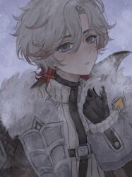  1boy black_gloves black_shirt blush brown_jacket earrings empty_eyes english_commentary evening fur-trimmed_jacket fur_trim genshin_impact gloves grey_hair hair_between_eyes highres illuga_(genshin_impact) jacket jewelry long_sleeves looking_at_viewer male_focus mole mole_under_eye multicolored_hair open_clothes open_jacket open_mouth outdoors puffy_long_sleeves puffy_sleeves purple_sky red_hair red_pupils shirt short_hair single_earring sky snowing solo steam streaked_hair sweater turtleneck turtleneck_shirt turtleneck_sweater upper_body violet_eyes white_sweater winter yoruli_e 