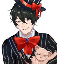  >_< 1boy absurdres black_hat bow bowtie commentary_request crying e.g.o_(project_moon) hat hat_bow highres komamacoco library_of_ruina nervous_smile parted_lips project_moon red_bow red_bowtie roland_(project_moon) scaredy_cat_(project_moon) simple_background smile solo the_homing_instinct_(e.g.o) top_hat white_background 