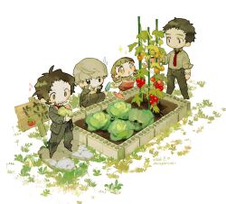  1girl 3boys adachi_tohru beard_stubble black_eyes black_hair black_jacket black_pants blush brown_hair cabbage chibi chibi_only collared_shirt dated doujima_nanako doujima_ryoutarou facial_hair food garden grass grey_hair grey_shirt highres holding holding_food holding_vegetable jacket long_sleeves multiple_boys musical_note narukami_yu necktie open_mouth pants persona persona_4 puragominohi red_necktie shirt sign smile sparkle squatting stubble tomato vegetable 