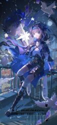 1girl absurdres bird black_cape black_gloves black_shorts blue_cape blue_eyes blue_hair blue_hairband boots cape commentary food full_body gloves hairband highres holding knee_boots long_hair long_sleeves looking_at_viewer original purple_hair shirt short_hair shorts sitting solo untranslatable_commentary white_shirt yyluofei 
