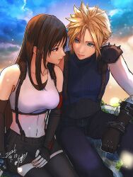  1boy 1girl absurdres armor bare_shoulders black_gloves black_hair black_skirt black_thighhighs blonde_hair blue_eyes blue_pants blue_sky blue_sweater breasts brown_gloves closed_mouth cloud_strife clouds cloudy_sky collarbone commentary_request couple crop_top dated elbow_gloves eva02asuka0608 feet_out_of_frame final_fantasy final_fantasy_vii final_fantasy_vii:_ever_crisis final_fantasy_vii_remake fingerless_gloves gloves hetero highres large_breasts light_blush light_particles light_smile lipgloss lips long_hair looking_at_another midriff miniskirt navel outdoors pants parted_lips pink_lips red_eyes ribbed_sweater short_hair shoulder_armor signature sitting skirt sky sleeveless sleeveless_turtleneck smile spiky_hair suspender_skirt suspenders sweater tank_top thigh-highs tifa_lockhart turtleneck turtleneck_sweater white_tank_top zettai_ryouiki 
