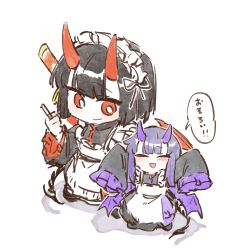  2girls apron araya_(project_moon) arms_up black_hair blue_hair blush chibi cigarette closed_eyes demon_girl demon_horns demon_tail demon_wings highres holding holding_cigarette horns limbus_company long_hair looking_at_another maid maid_apron maid_headdress mother_and_child mother_and_daughter multicolored_hair multiple_girls parent_and_child project_moon red_eyes ryoshu_(project_moon) short_hair simple_background ssmr_rolling standing streaked_hair tail white_background wings 