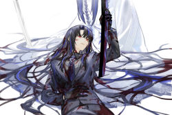  2girls black_gloves black_hair blood blood_on_clothes blood_on_face blood_on_hand blue_necktie blue_streaks blue_suit commentary gloves highres japanese_clothes katana kimono limbus_company looking_at_object looking_up lying mother_and_child mother_and_daughter multicolored_hair multiple_girls necktie nishikujic on_back open_mouth parent_and_child pinky_(identity)_(project_moon) project_moon red_eyes ryoshu_(project_moon) shiomi_yoru_(project_moon) streaked_hair suit sword tie_clip untranslatable_commentary weapon white_kimono 
