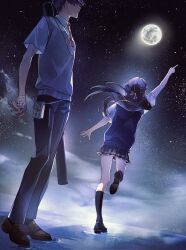  1boy 1girl bandaged_hand bandages black_pants black_shoes black_skirt black_socks braid brown_shoes commentary facing_away first_aid_kit floating_hair from_behind from_side grey_sweater_vest hair_ribbon half_up_braid highres kenmochi_touya kenmochi_touya_(1st_costume) kneehighs loafers long_hair moon necktie night nijisanji outdoors pants plaid_clothes plaid_skirt pleated_skirt pointing pointing_up purple_hair red_necktie ribbon school_uniform shirt shoes short_hair short_sleeves skirt sky socks star_(sky) starry_sky sumi_(n29250) sweater_vest tsukino_mito tsukino_mito_(summer_uniform) twitter_username virtual_youtuber weapon_bag white_shirt 