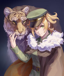 1girl :| absurdres belt belt_buckle black_belt black_cloak black_hat buckle cloak closed_mouth commentary_request daiba_nana dot_nose fur-trimmed_cloak fur_trim green_eyes green_hat green_jacket grey_background hair_between_eyes hand_on_animal hand_up hat highres jacket kokamo_ahiru long_sleeves looking_at_viewer official_alternate_costume orange_cloak peaked_cap shoujo_kageki_revue_starlight solo tiger two-sided_cloak two-sided_fabric two-tone_cloak two-tone_hat two_side_up upper_body 