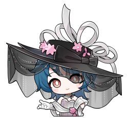  1girl artist_request bare_shoulders black_bow black_hat blue_hair blush_stickers bow bright_pupils brown_eyes chibi choker closed_mouth cropped_torso dress dress_flower flower frilled_dress frills grey_choker grey_dress grey_veil hand_on_own_hip happy hat hat_bow hat_flower hat_ribbon infinity_nikki jewelry large_hat looking_at_viewer medium_hair necklace nikki_(series) official_art outstretched_hand pink_flower ribbon see-through_clothes see-through_shawl see-through_veil shawl smile solo sticker_(medium) strapless strapless_dress striped_clothes striped_dress tareme transparent_background veil veiled_projections_(infinity_nikki) vertical-striped_clothes vertical-striped_dress white_pupils white_ribbon white_shawl 