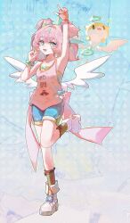  3girls absurdres aqua_hair aqua_streaks aria_(human)_(cuteness_loading)_(zenless_zone_zero) aria_(human)_(zenless_zone_zero) aria_(zenless_zone_zero) armpits bare_shoulders blue_shorts boots bow character_print chinese_commentary commentary_request hair_ornament highres looking_at_viewer multicolored_hair multiple_girls official_alternate_costume open_mouth pink_hair pink_shirt scrunchie self_character_print shirt shorts smile standing standing_on_one_leg streaked_hair twintails white_boots white_wings wings wrist_scrunchie zenless_zone_zero zhui_ming_jin_ge zoom_layer 