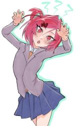  1girl :o aegyo_sal blazer blue_skirt blush bob_cut breasts brown_sweater_vest claw_pose colored_shadow commentary cowboy_shot curled_fingers doki_doki_literature_club doki_doki_literature_club_school_uniform dress_shirt drop_shadow english_commentary exspiravitbag eyelashes fang grey_jacket hair_between_eyes hair_intakes hair_ornament hair_ribbon hands_up head_tilt jacket leaning_to_the_side looking_at_viewer natsuki_(doki_doki_literature_club) no_neckwear notice_lines open_mouth pink_eyes pink_hair pleated_skirt red_ribbon ribbon school_uniform shadow shirt short_hair skin_fang skirt slit_pupils small_breasts solo standing sweater_vest swept_bangs twisted_torso two_side_up white_background white_shirt wide-eyed x_hair_ornament 