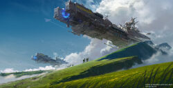  2others aircraft airplane airship blue_sky cliff clouds commentary_request fighter_jet fog grand_scale grass highres landscape military_vehicle multiple_others nature original scenery science_fiction sky smoke smoke_trail very_wide_shot z4_(546455792) 