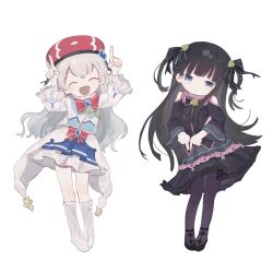  2girls :< :d ^_^ aiguillette arcaea bare_shoulders beret bib_collar black_bow black_bowtie black_dress black_hair black_pantyhose black_ribbon blue_eyes blue_skirt bow bowtie closed_eyes closed_mouth clothing_cutout collar commentary deformed dress frilled_collar frills full_body gem_hat_ornament hair_ribbon hat highres hikari_(arcaea) internet_yamero layered_dress long_hair long_sleeves meimao333 multiple_girls open_mouth pantyhose pleated_skirt pointing pointing_down pointing_up red_bow red_bowtie red_hat ribbon sailor_collar shoes shoulder_cutout side_cutout simple_background skirt skirt_under_dress smile tairitsu_(arcaea) white_background white_dress white_hair white_sailor_collar white_shoes wide_sleeves 