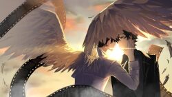  2boys backlighting black_coat black_hair coat commentary demon_king_of_salvation falling_feathers feathered_wings feathers film_reel hand_on_another's_neck highres kiirorokat kim_dokja lens_flare looking_at_another male_focus multiple_boys omniscient_reader's_viewpoint open_clothes open_coat popped_collar short_hair white_coat white_wings wings yoo_joonghyuk 