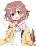  1girl :d animal_ears bangs blue_bow blush bone_hair_ornament bow braid brown_hair cartoon_bone collared_dress dog_ears dog_girl dog_tail dress hair_between_eyes hair_ornament hair_over_shoulder hand_up hololive inugami_korone jacket long_hair long_sleeves looking_at_viewer low_twintails notice_lines off_shoulder open_clothes open_jacket rabiiandrain red_bow red_eyes simple_background sleeveless sleeveless_dress smile solo tail twin_braids twintails virtual_youtuber white_background white_dress yellow_jacket 