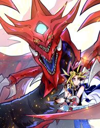  1boy black_hair blonde_hair blue_teeth card chain chain_necklace claws colored_bangs colored_teeth commentary_request domino_high_school_uniform dragon duel_disk duel_monster extra_mouth highres holding holding_card jacket jacket_on_shoulders jewelry male_focus millennium_puzzle minuno necklace osiris_the_sky_dragon pink_hair school_uniform shirt sparks spiky_hair tusks white_background yami_yugi yu-gi-oh! 