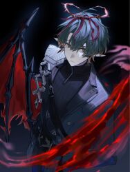  1boy arknights arknights:_endfield arms_at_sides belt black_belt black_jacket black_shirt blood blue_eyes blue_hair camille_(arknights) cowboy_shot demon_wings frown halo highres jacket looking_at_viewer male_focus multicolored_hair mumu_003 pinstripe_jacket pinstripe_pattern pointy_ears red_hair red_pupils shirt single_wing solo streaked_hair thorns wings 