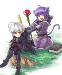  2girls :d ahoge alternate_costume animal_ears armor bandaged_arm bandages bandolier belt black_boots black_capelet black_gloves book boots bow capelet cat_ears cat_tail character_request chinese_commentary commentary_request crescent crescent_hair_ornament crossover dress expressionless fang fantasy flower fur-trimmed_capelet fur_trim gloves hair_ornament highres holding holding_knife knee_boots kneeling knife koissa leaning_forward long_sleeves multiple_girls open_mouth patchouli_knowledge pauldrons pointy_ears purple_dress purple_hair rose scar scar_on_cheek scar_on_face shoulder_armor single_pauldron sitting smile staff tail tareme the_elder_scrolls the_elder_scrolls_v:_skyrim violet_eyes white_hair 