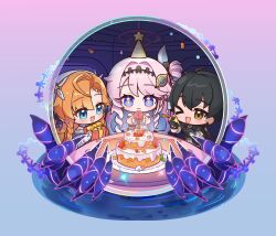  1boy 2girls absurdres birthday birthday_cake black_hair blue_eyes cake chibi chibi_only commentary denia_(wuthering_waves) food gift gloves hair_ornament hat highres holding holding_gift holding_party_popper long_hair male_rover_(wuthering_waves) multiple_girls one_eye_closed open_mouth orange_hair own_hands_together party_hat party_popper pink_hair red_gloves rover_(wuthering_waves) sigrika_(wuthering_waves) smile wuthering_waves yami_(yami56_u) yellow_eyes 