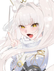  1girl absurdres armband black_armband blanc_(fortune_express)_(nikke) blanc_(nikke) coat fang fur-trimmed_collar fur-trimmed_sleeves fur_trim goddess_of_victory:_nikke hair_intakes hair_ornament highres light_blush long_hair official_alternate_costume official_alternate_hairstyle open_mouth pom_pom_(clothes) pom_pom_hair_ornament sakael simple_background skin_fang solo twintails upper_body v very_long_hair white_background white_coat white_hair white_nails winter_clothes winter_coat yellow_eyes 