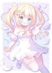  1girl :o bare_shoulders blonde_hair blue_background blue_eyes blunt_bangs blush border breasts choker collarbone commentary_request detached_sleeves detached_wings dot_nose dress feathers foot_out_of_frame frilled_sleeves frills gradient_background hanasakichu heart heart_choker highres hoshikawa_meru iriam long_hair looking_at_viewer open_mouth outside_border outstretched_arm pink_background pink_choker shoes short_dress short_sleeves sidelocks small_breasts solo standing standing_on_one_leg strapless strapless_dress thigh-highs twintails virtual_youtuber white_border white_dress white_shoes white_sleeves white_thighhighs wings zettai_ryouiki 