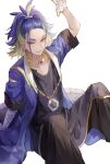  1boy absurdres adaman_(pokemon) arm_support arm_up bangs blue_coat coat commentary hand_wraps highres male_focus multicolored_hair open_clothes open_coat open_mouth pokemon pokemon_(game) pokemon_legends:_arceus ponytail sitting solo symbol-only_commentary udumbara_(pixiv_70459914) white_background yellow_eyes 