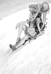  2girls absurdres animal_ears arm_on_knee bandaid bandaid_on_face bandaid_on_nose bent_over bow full_body greyscale highres horse_ears horse_girl horse_tail kkoricat long_hair looking_at_another mayano_top_gun_(umamusume) monochrome multiple_girls narita_brian_(umamusume) pleated_skirt puffy_short_sleeves puffy_sleeves rope school_uniform shimenawa shirt_tucked_in shoes short_sleeves sitting skirt standing tail thigh-highs tracen_school_uniform two_side_up umamusume yuri 