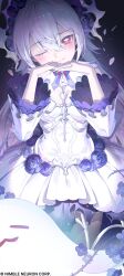  1girl absurdres bianca_(black_survival) black_nails black_survival blush closed_mouth commentary_request dress eternal_return:_black_survival flower flower-shaped_pupils ghost hair_flower hair_ornament hairband hands_up head_tilt highres hop3 korean_commentary long_hair long_sleeves looking_at_viewer nail_polish one_eye_closed red_eyes rose smile solo symbol-shaped_pupils very_long_hair white_dress white_hair 