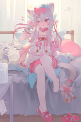  1girl absurdres animal_ears blush cat_ears cat_girl cat_tail chinese_commentary commentary_request copyright_request dress highres indoors looking_at_viewer mask mask_on_head on_bed one_eye_closed pantyhose sitting sleep_mask solo tagme tail teketi white_dress white_pantyhose 