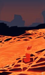  closed_eyes commentary_request fire highres lava no_humans oekip outdoors pokemon pokemon_(creature) pokemon_focus rock slugma swimming 