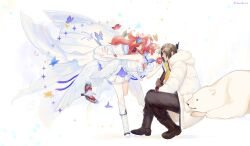  1boy 1girl absurdres apple artist_name bare_arms bare_shoulders bear beard_stubble bent_over bird blue_butterfly boots brown_boots brown_gloves brown_hair brown_pants bug buroko404 butterfly chinese_commentary closed_mouth coat commentary_request degrees_of_lewdity dress eden_(degrees_of_lewdity) eden_(male)_(degrees_of_lewdity) eye_contact facial_hair food from_side fruit full_body fur-trimmed_hood fur_trim gloves grey_eyes gun hand_up high-low_dress highres holding holding_food holding_fruit holding_weapon hood leg_up long_hair long_sleeves looking_at_another mature_male open_clothes open_coat outstretched_arm pants player_character_(degrees_of_lewdity) player_character_(female)_(degrees_of_lewdity) polar_bear ponytail profile purple_butterfly purple_nails red_butterfly red_hair rifle scarf simple_background sitting sleeveless sleeveless_dress standing standing_on_one_leg stubble wallcreeper weapon white_background white_boots white_coat white_dress yellow_butterfly yellow_eyes yellow_scarf 
