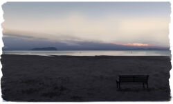  beach bench blue_sky border buoy clouds colorful_clouds commentary_request evening fading_border gradient_sky grey_sky landscape mole mountain no_humans ocean original park_bench sand scenery shore signature sky sunset water white_border yk_funa 