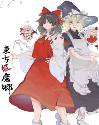  4girls apron ascot bat_wings black_dress black_hat blonde_hair blue_hair bow braid brown_eyes brown_hair collared_shirt crystal crystal_wings detached_sleeves dress embodiment_of_scarlet_devil flandre_scarlet frilled_shirt_collar frills gohei hair_bow hair_tubes hakurei_reimu hand_on_own_hip hat hat_bow hat_ribbon highres holding holding_gohei kirisame_marisa long_hair mob_cap multicolored_wings multiple_girls official_alternate_costume one_side_up pink_hat pink_shirt pink_skirt puffy_short_sleeves puffy_sleeves red_ascot red_bow red_eyes red_skirt red_vest remilia_scarlet ribbon ribbon-trimmed_sleeves ribbon_trim shirt short_sleeves side_braid single_braid skirt skirt_set socks touhou translation_request vest white_apron white_bow white_hat white_shirt white_socks wings witch_hat yellow_ascot yellow_eyes yukine_0930 