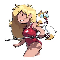  2girls adventure_time blonde_hair cake_the_cat discount-supervillain fionna_campbell furry furry_female holding holding_sword holding_weapon long_hair multiple_girls one-piece_swimsuit pendleton_ward_(style) sweat swimsuit sword toon_(style) water weapon 