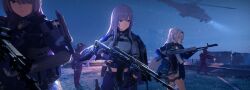  3girls absurdres ak-12 ak-12_(girls'_frontline) ak-15 ak-15_(girls'_frontline) alva_(girls'_frontline_2) an-94 an-94_(girls'_frontline) assault_rifle blonde_hair blue_eyes commentary_request girls'_frontline_2:_exilium girls_frontline grey_hair gun highres holding holding_gun holding_weapon kalashnikov_rifle koleda_(girls'_frontline_2) long_hair multiple_girls ponytail rifle robot_girl thighs violet_eyes voymastina_(girls'_frontline_2) weapon wutou_qishi_bamamei 