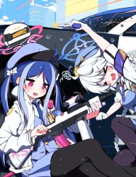  >_< 2girls ahoge antenna_hair armband baton_(weapon) black_pantyhose blue_archive blue_hair blue_halo blue_hat blue_necktie blue_skirt blue_vest blush bow braid breasts buttons car charm_(object) collared_shirt commentary_request drawstring firing fubuki_(blue_archive) gun hair_bow halo hat high_collar highres holding holding_gun holding_weapon holster jacket kirino_(blue_archive) kredorf large_breasts long_hair long_sleeves miniskirt motor_vehicle multicolored_hair multiple_girls necktie open_clothes open_jacket open_mouth pantyhose peaked_cap pencil_skirt pink_eyes pink_halo police police_badge police_hat police_uniform policewoman purple_armband purple_pantyhose red_eyes reloading rifle ruger_mini-14 scope shirt sitting skirt smith_&amp;_wesson smith_&amp;_wesson_360 streaked_hair sweatdrop teeth twin_braids twintails upper_teeth_only valkyrie_police_academy_logo very_long_hair vest walkie-talkie weapon white_bow white_hair white_jacket white_shirt zipper 