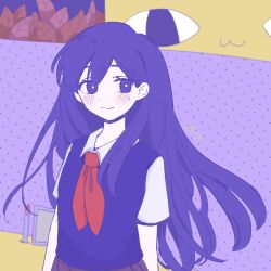  1girl :3 big_yellow_cat_(omori) black_hair blush_stickers commentary_request highres long_hair mari_(headspace)_(omori) mari_(omori) momokan6464 neckerchief polka_dot polka_dot_background school_uniform slit_pupils smile 