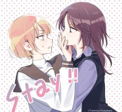  2girls amano_yuuhi artist_name black_vest blonde_hair commentary_request copyright_notice dame_inu_kanojo english_text eye_contact face-to-face from_side hair_behind_ear hand_on_another's_face hand_up highres hug kuramochi_sakurako kuwabara_tamotsu long_hair long_sleeves looking_at_another multiple_girls official_art parted_bangs parted_lips pink_background pink_eyes polka_dot polka_dot_background profile purple_hair purple_shirt shirt short_hair sweatdrop two-tone_background upper_body vest violet_eyes white_background white_shirt yuri 